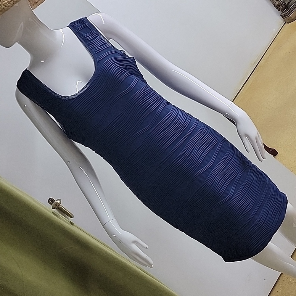 Philosophy Navy Blue Scoop Neck Sleeveless Satin and Sheer Cocktail Dress - Picture 1 of 12